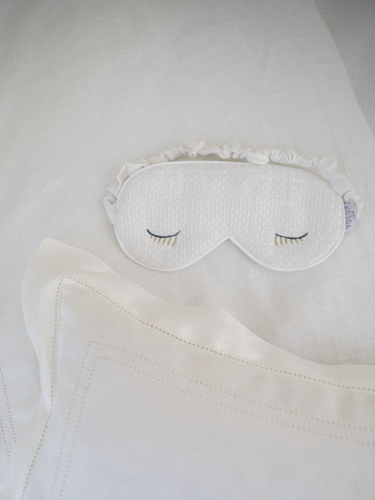Eye Mask in Ivory White Waffle with Audrey Hepburn Inspired Embroidery