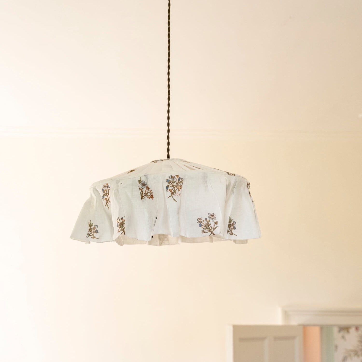Lampshade in volga's Flax & Field Posy Printed Voile Linen