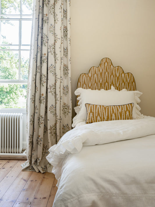 Shashka Cushion in Ochre with Chambray Blue Trim