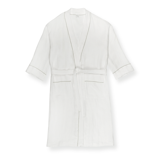 Liège Robe in Ivory White Waffle with Olive Hemstitch