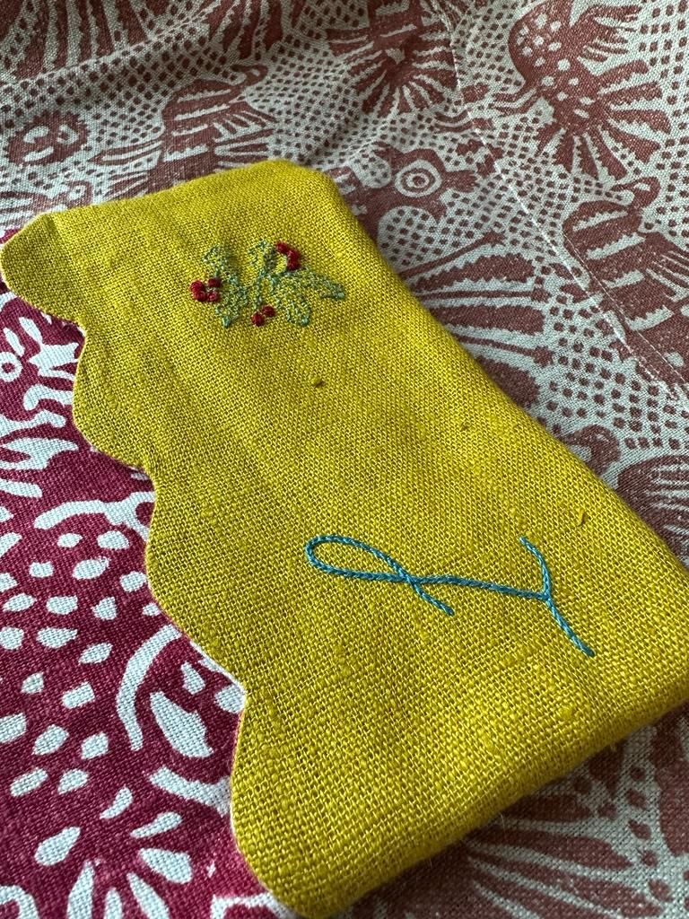 Christmas Stocking with J and Holly Embroidery in Aloysha Red & Ochre Scalloped Top