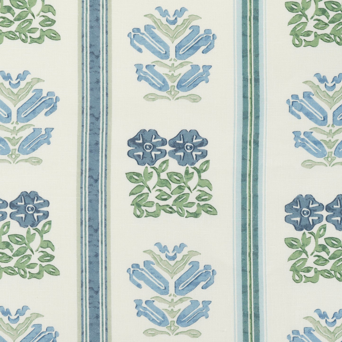 Sample - Folkloric Floral Stripe Dual Use Printed Linen Delft Blue/Oyster