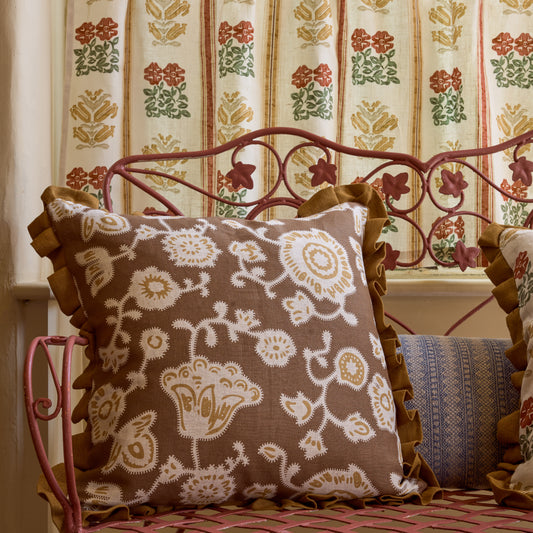 Persian Poppy Print Cushion in Bronze with Old Gold Frill
