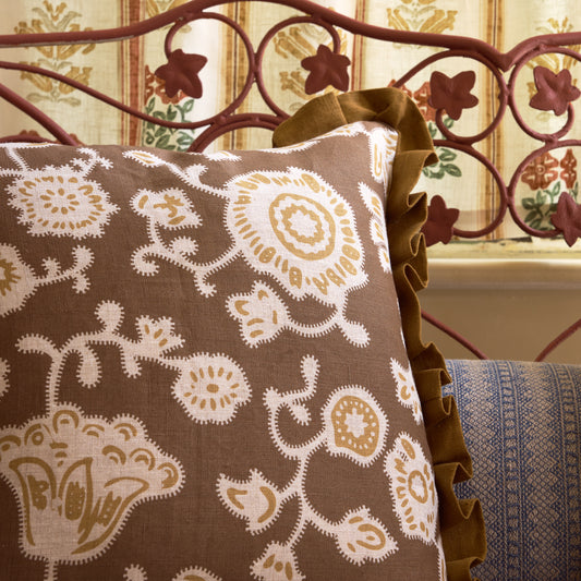Persian Poppy Print Cushion in Bronze with Old Gold Frill