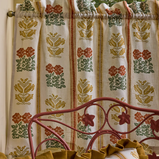 Ex Display Folkloric Floral Stripe Dual Use Printed Linen Amber/Oyster Cafe Curtain