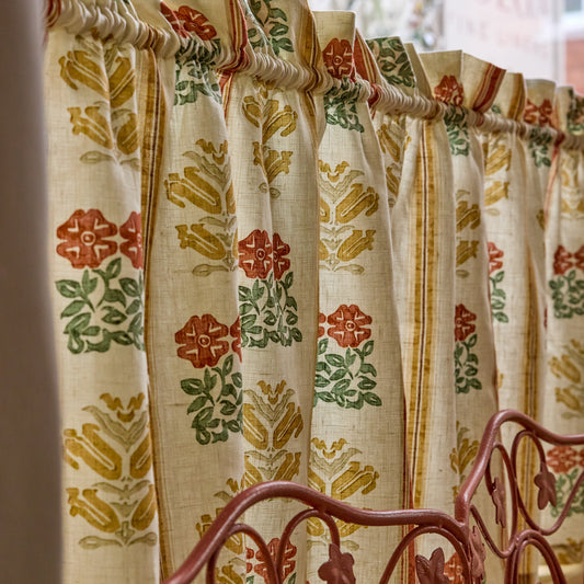 Ex Display Folkloric Floral Stripe Dual Use Printed Linen Amber/Oyster Cafe Curtain
