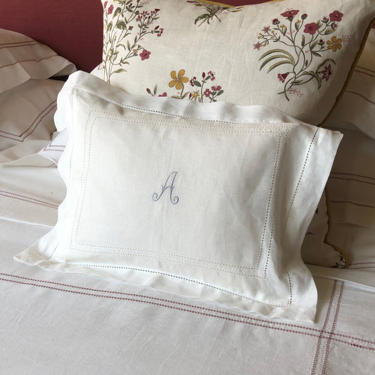 Boudoir Pillow Hemstitch Ivory White With "A" Embroidery Antique French Parma Grey