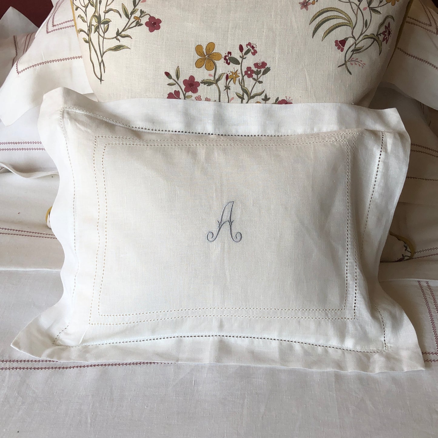 Boudoir Pillow Hemstitch Ivory White With "A" Embroidery Antique French Parma Grey