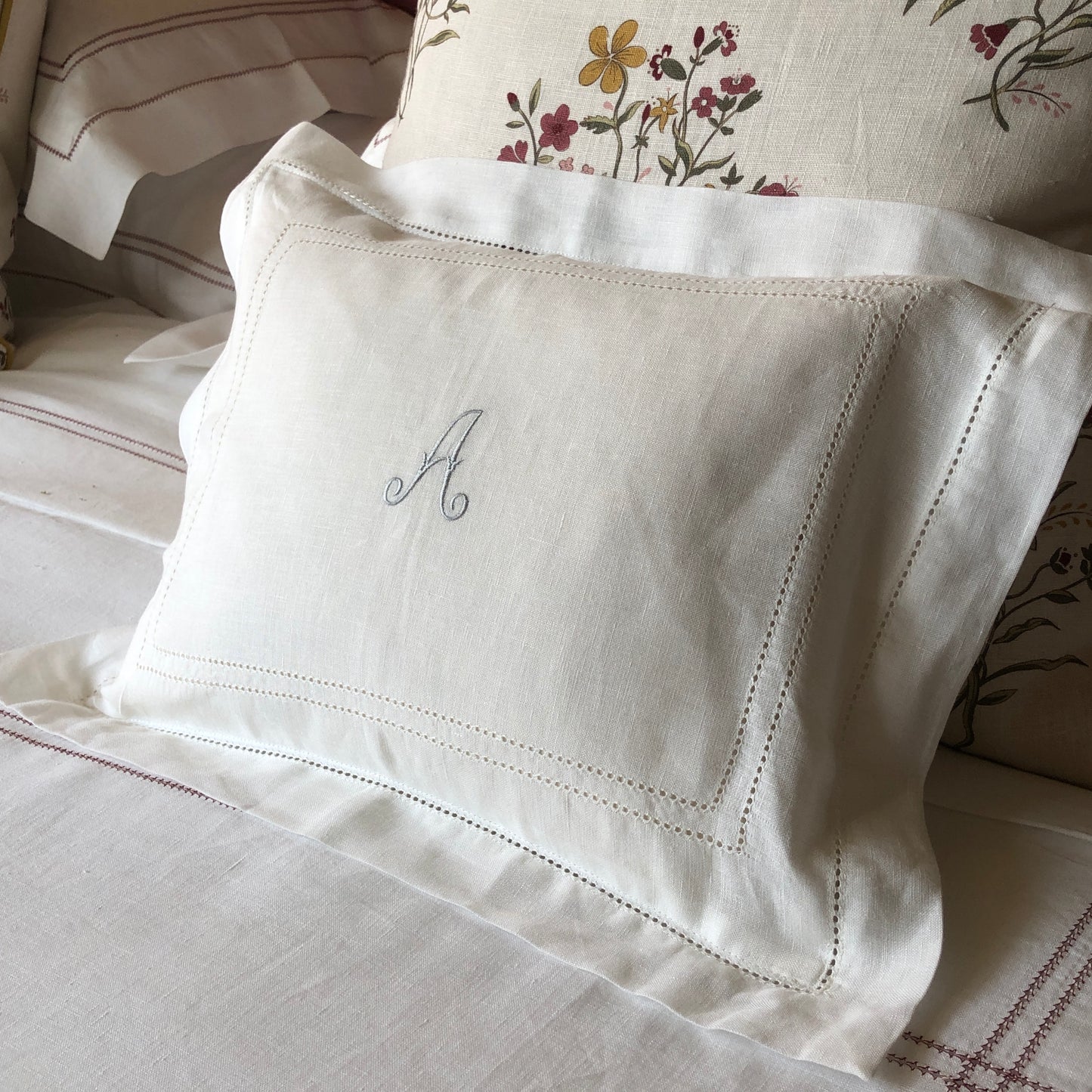Boudoir Pillow Hemstitch Ivory White With "A" Embroidery Antique French Parma Grey