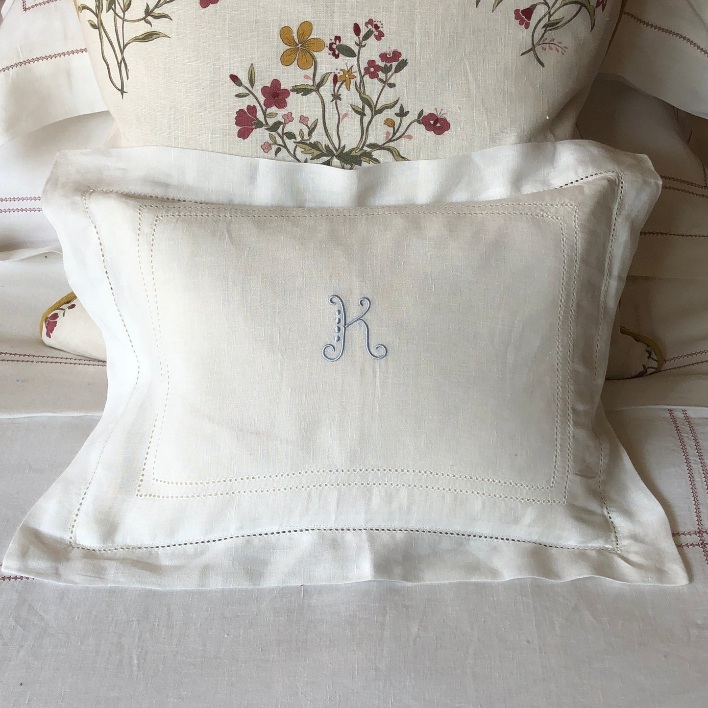 Boudoir Pillow Hemstitch Ivory White With "K" Embroidery Belle Font Pastel Blue