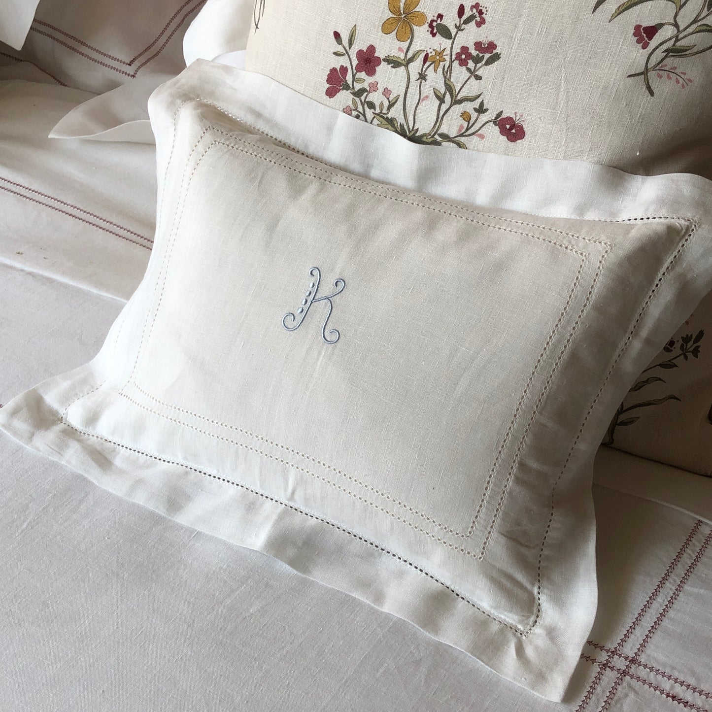 Boudoir Pillow Hemstitch Ivory White With "K" Embroidery Belle Font Pastel Blue