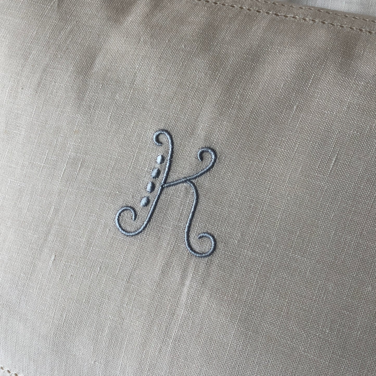 Boudoir Pillow Hemstitch Ivory White With "K" Embroidery Belle Font Pastel Blue