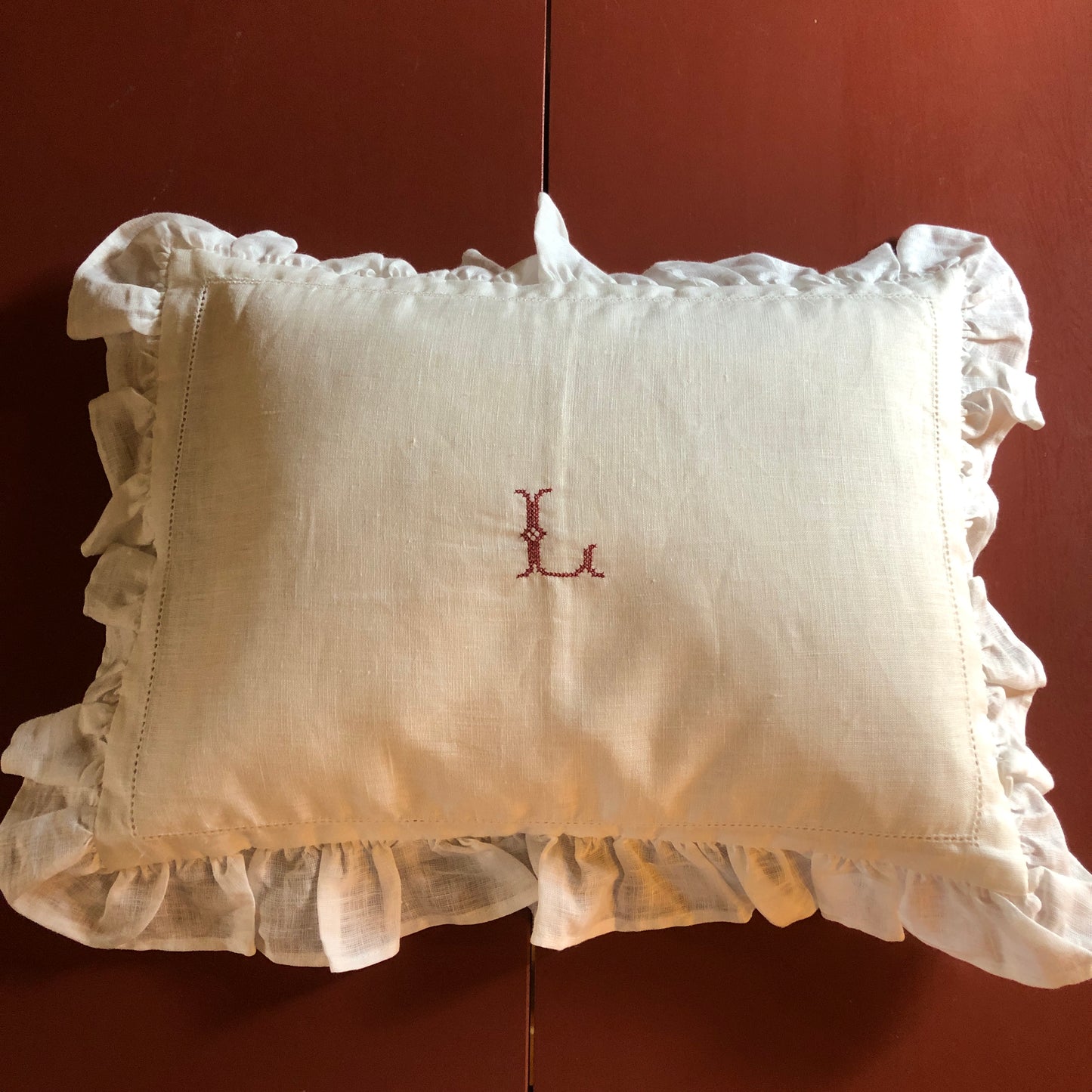Boudoir Pillow With Frill & "L" Initial Embroidery in Volga Red Cross Stitch