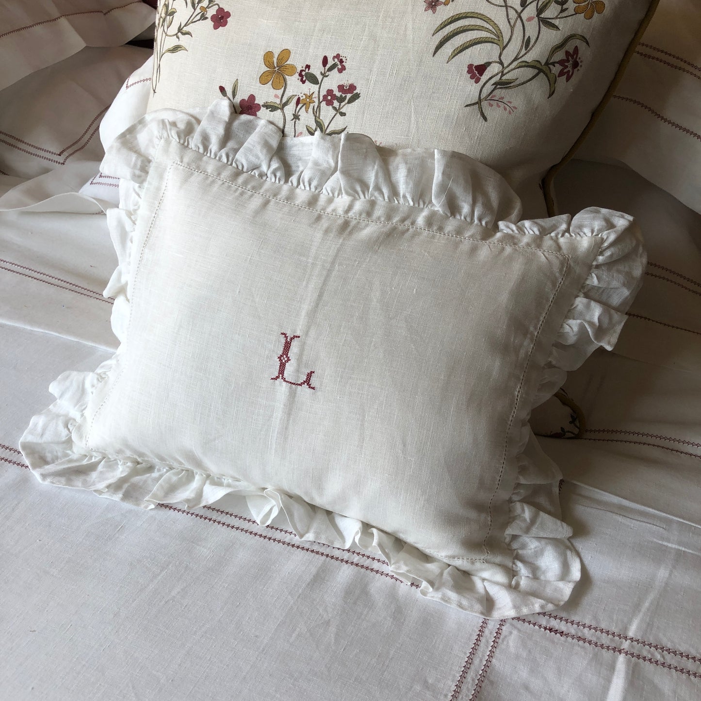 Boudoir Pillow With Frill & "L" Initial Embroidery in Volga Red Cross Stitch