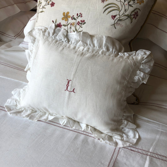 Boudoir Pillow With Frill & "L" Initial Embroidery in Volga Red Cross Stitch