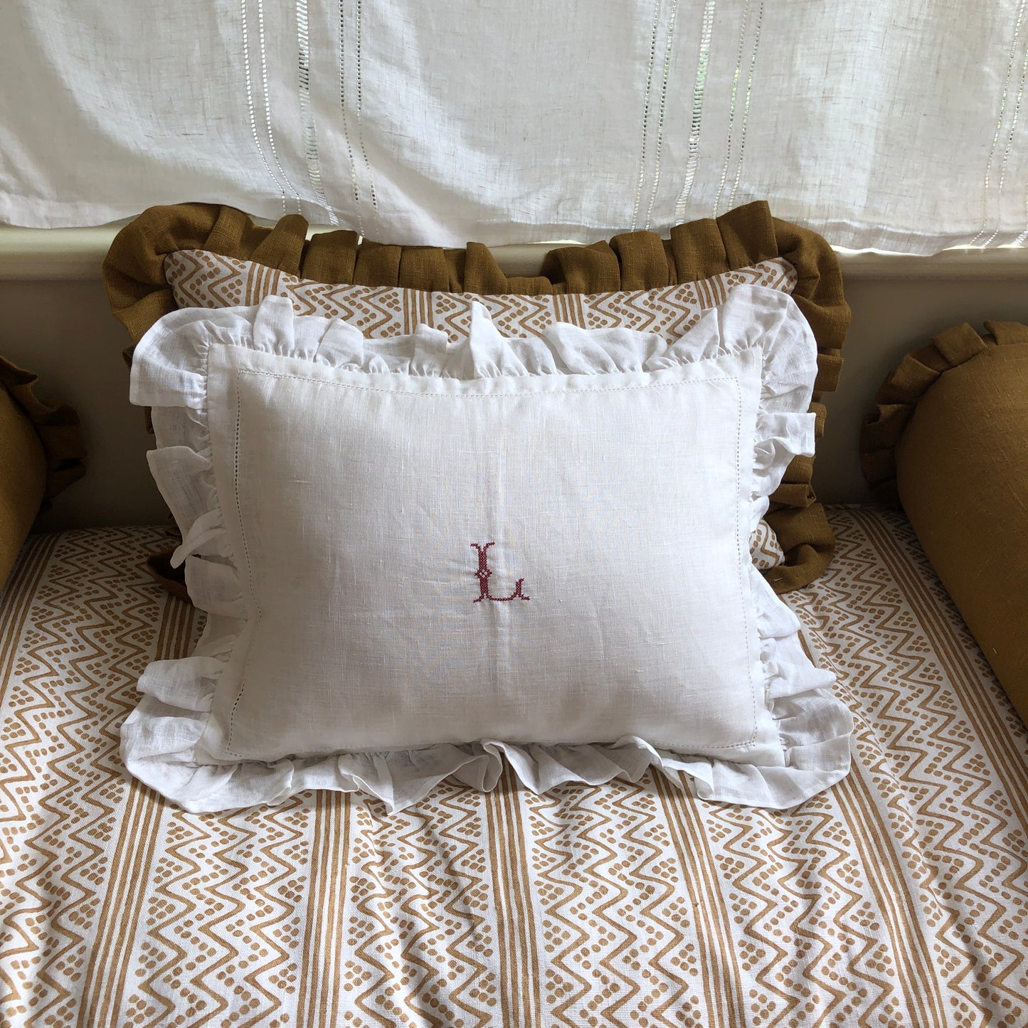 Boudoir Pillow With Frill & "L" Initial Embroidery in Volga Red Cross Stitch