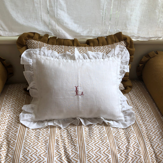 Boudoir Pillow With Frill & "L" Initial Embroidery in Volga Red Cross Stitch