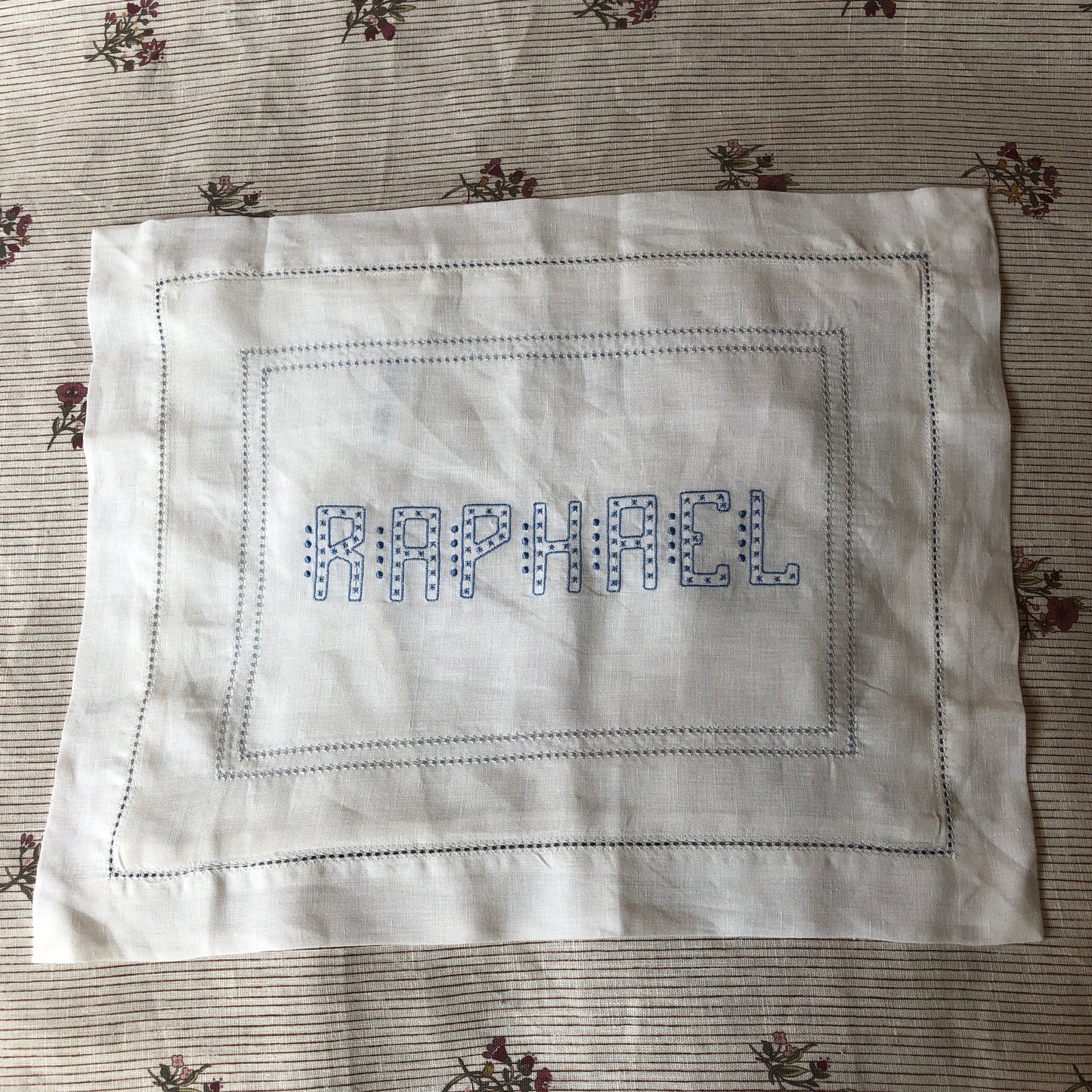 Boudoir Pillow with Hemstitch in Chambray Blue and "Raphael" Embroidery in Art Deco Cornflower Blue