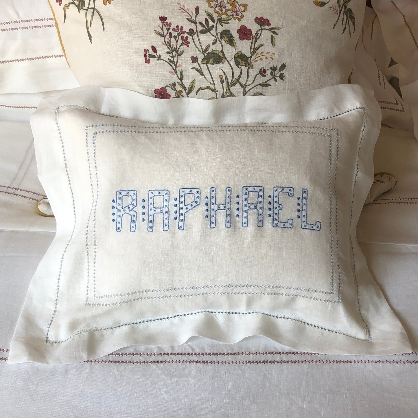 Boudoir Pillow with Hemstitch in Chambray Blue and "Raphael" Embroidery in Art Deco Cornflower Blue