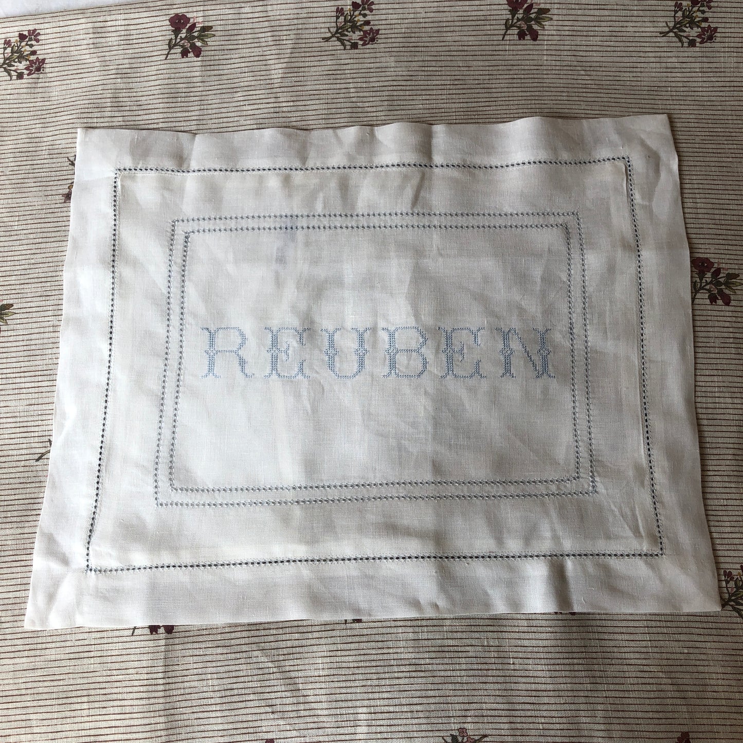 Boudoir Pillow with Hemstitch in Chambray Blue and "Reuben" Embroidery In Pastel Blue Cross Stitch