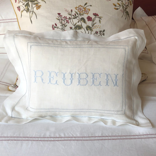 Boudoir Pillow with Hemstitch in Chambray Blue and "Reuben" Embroidery In Pastel Blue Cross Stitch