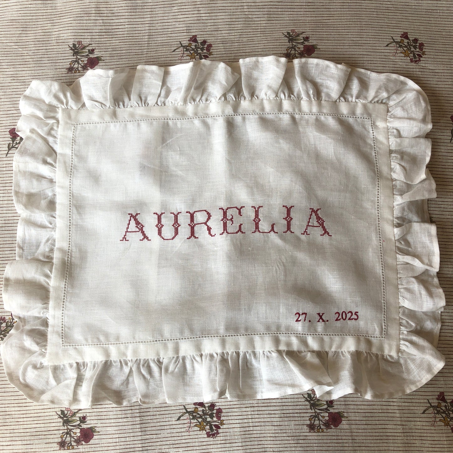 Boudoir Pillowcase With Frill With Aurelia & Date Embroidery in Volga Red Cross Stitch
