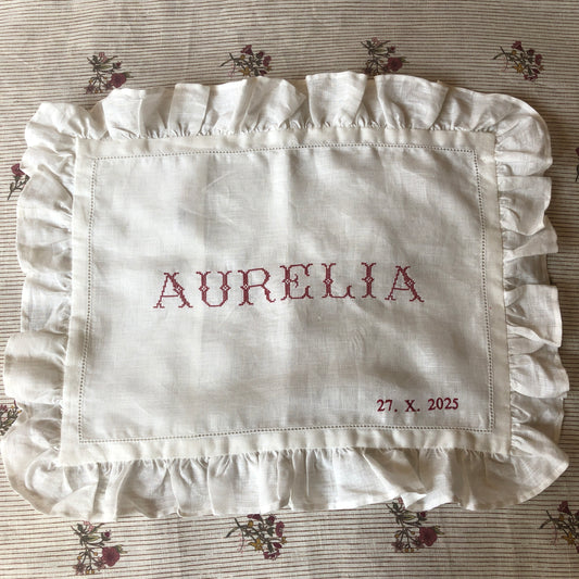 Boudoir Pillowcase With Frill With Aurelia & Date Embroidery in Volga Red Cross Stitch