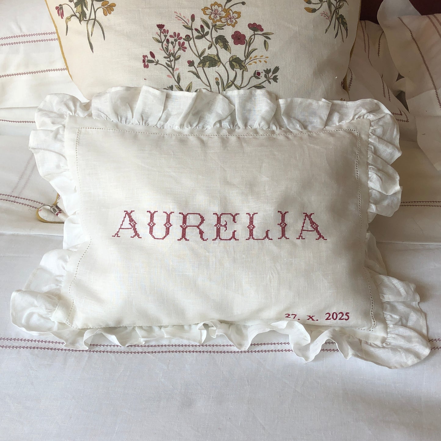Boudoir Pillowcase With Frill With Aurelia & Date Embroidery in Volga Red Cross Stitch