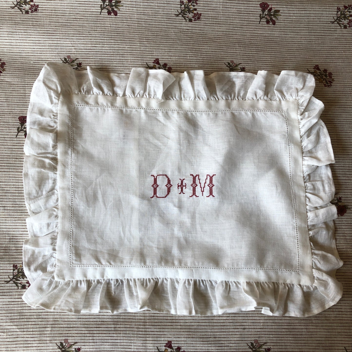 Boudoir Pillowcase With Frill With "D+M" Embroidery in Volga Red Cross Stitch