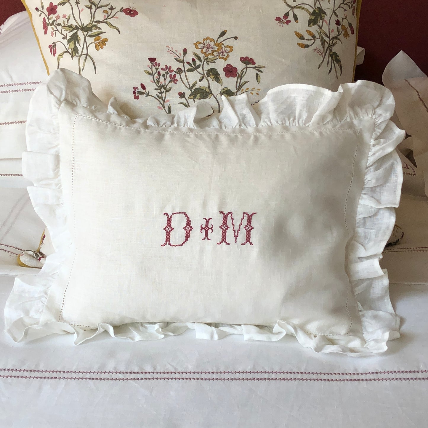 Boudoir Pillowcase With Frill With "D+M" Embroidery in Volga Red Cross Stitch