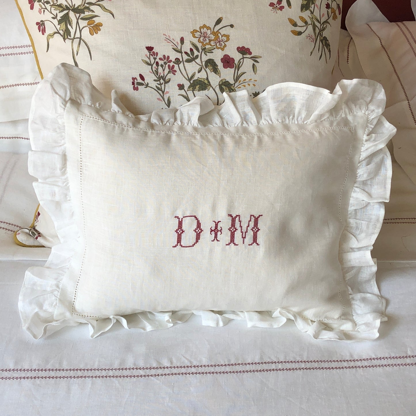 Boudoir Pillowcase With Frill With "D+M" Embroidery in Volga Red Cross Stitch