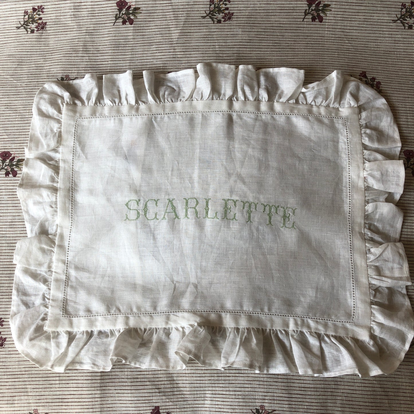 Boudoir Pillowcase With Frill With "Scarlette" Embroidery in Pistachio Cross Stitch