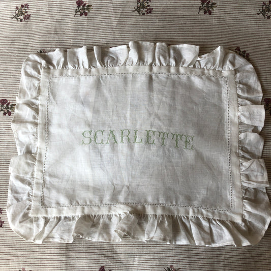 Boudoir Pillowcase With Frill With "Scarlette" Embroidery in Pistachio Cross Stitch