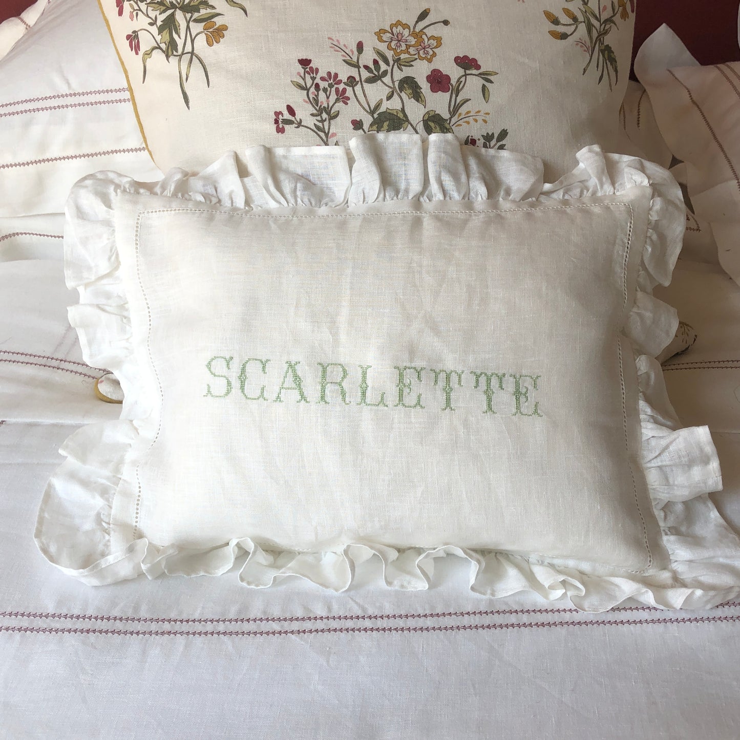 Boudoir Pillowcase With Frill With "Scarlette" Embroidery in Pistachio Cross Stitch