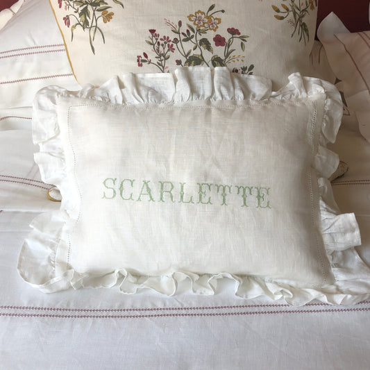 Boudoir Pillowcase With Frill With "Scarlette" Embroidery in Pistachio Cross Stitch