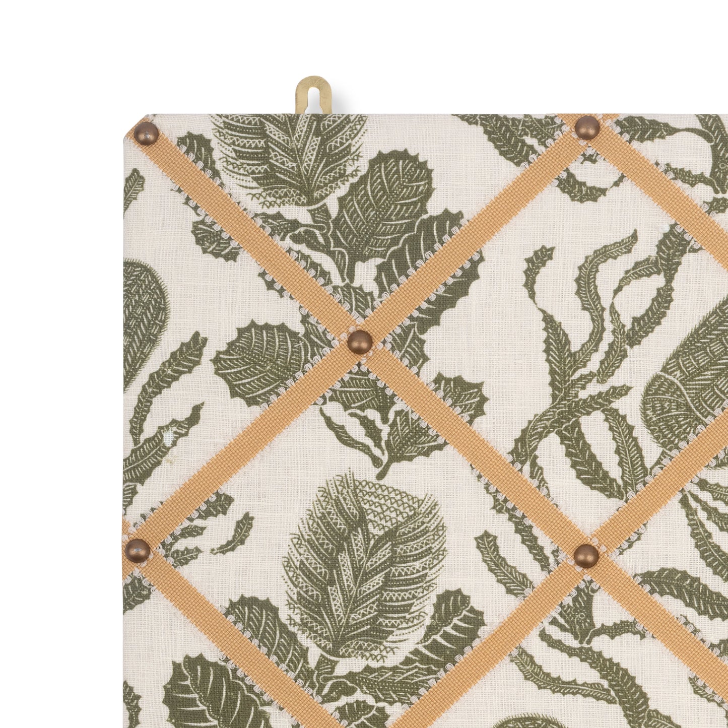Ribboned Bulletin Board in Cape Botanical Green Print with Antique Gold Picot Trim