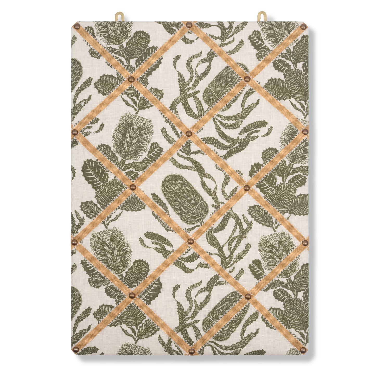 Ribboned Bulletin Board in Cape Botanical Green Print with Antique Gold Picot Trim