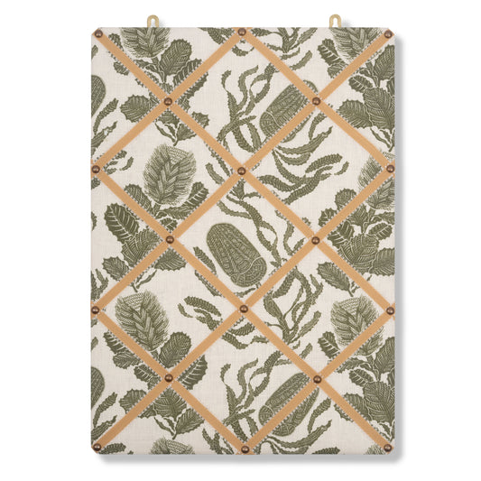 Ribboned Bulletin Board in Cape Botanical Green Print with Antique Gold Picot Trim