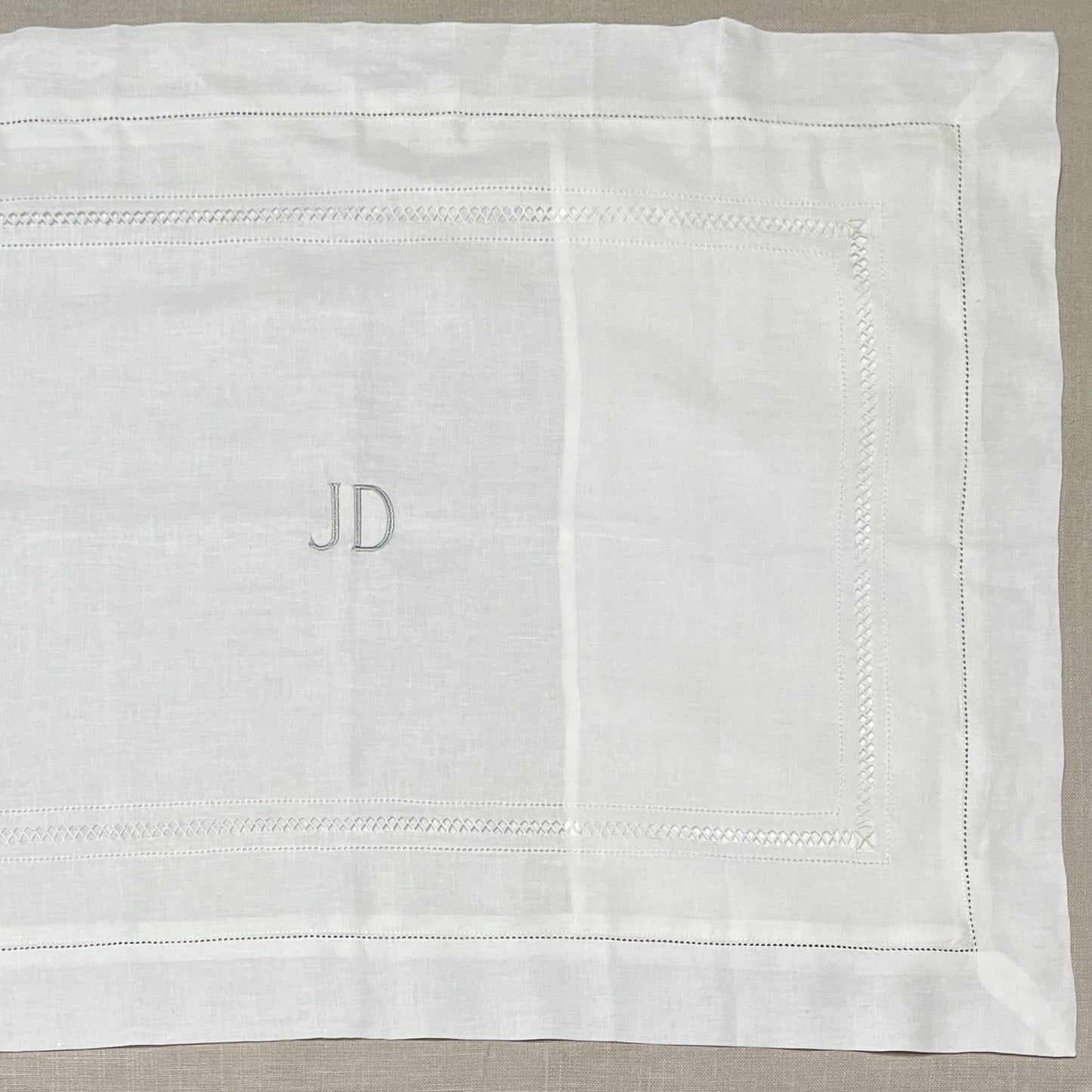 Standard Diamond Stitch Pillowcase in Ivory White with Parma Grey 'JD' Embroidery