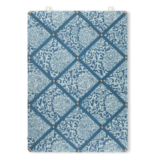 Ribboned Bulletin Board in VOLGA X FRITZ PORTER Chrysanthemum Print in Prussian Blue/Celadon with Marine Trim