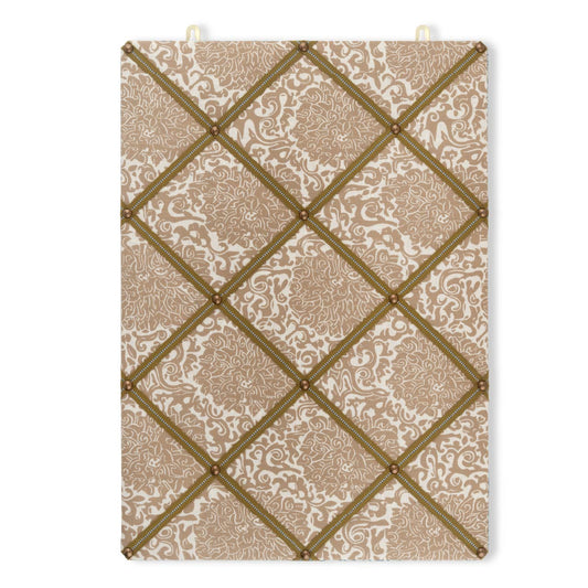 Ribboned Bulletin Board in VOLGA X FRITZ PORTER Chrysanthemum Print in Caramel/Oyster with Olive Trim