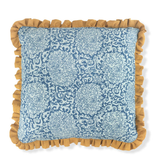 VOLGA X FRITZ PORTER Chrysanthemum Print Cushion in Prussian Blue/Celadon with Old Gold Frill