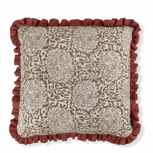 VOLGA X FRITZ PORTER Chrysanthemum Print Cushion in Caramel/Oyster with Marsala Frill