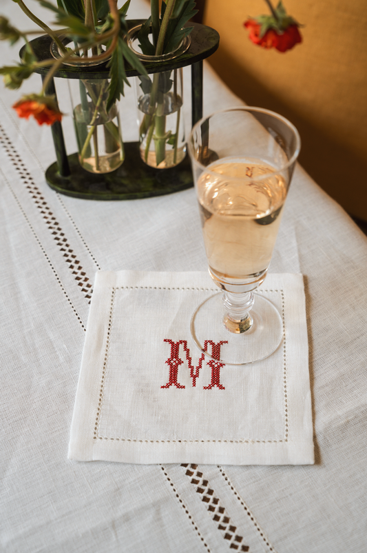 Cocktail Napkin Hemstitch with Red Cross Stitch Initial