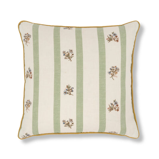 Flax & Field Posy Stripe Eucalyptus Cushion with Ochre Trim