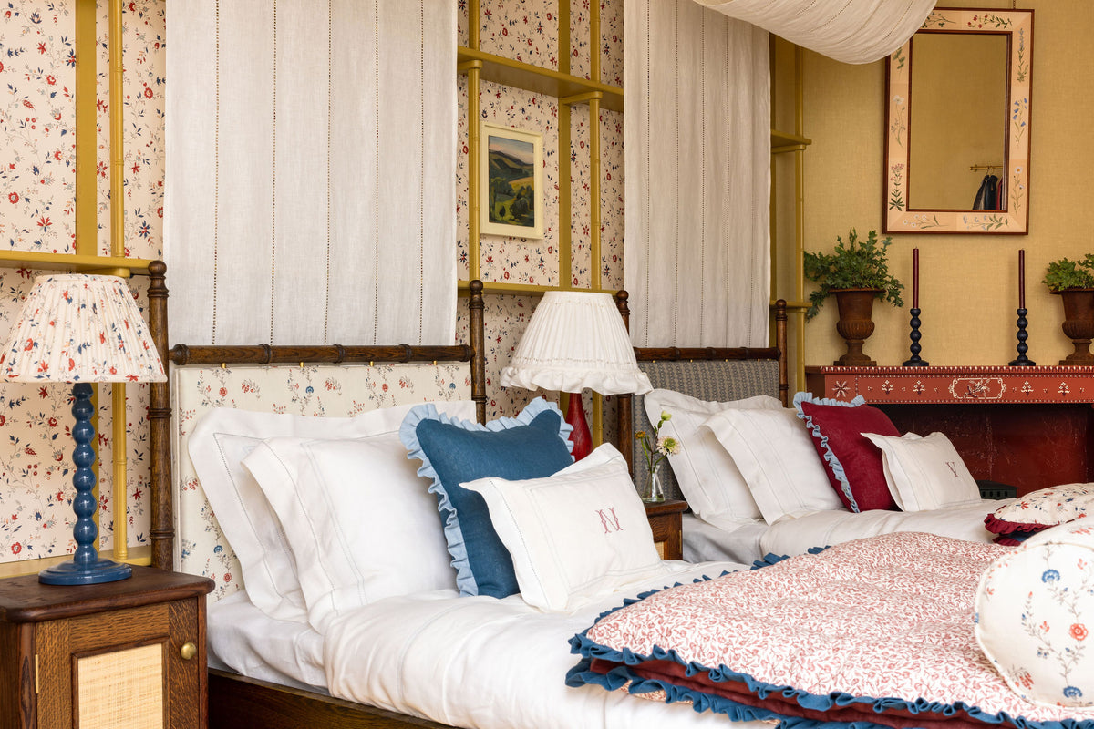 Available Now Eiderdown in Pomegranate Marsala with Prussian Blue Frill and Marsala Reverse