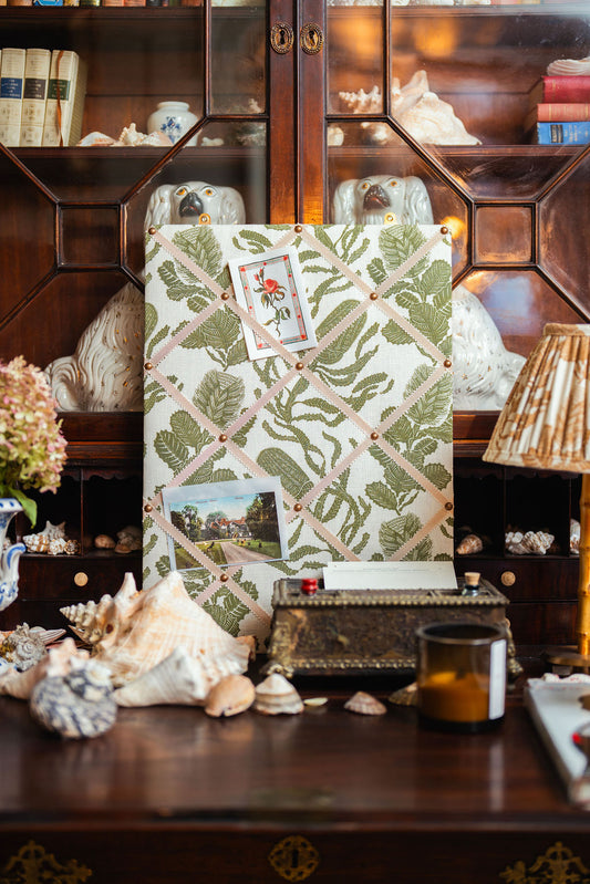 Ribboned Bulletin Board in Volga's Cape Botanical Botanical Green Print with Macadamia Trim