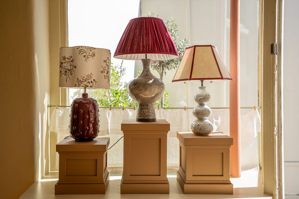 Available Now Hexagonal Lampshade in Oatmeal with Marsala Trim
