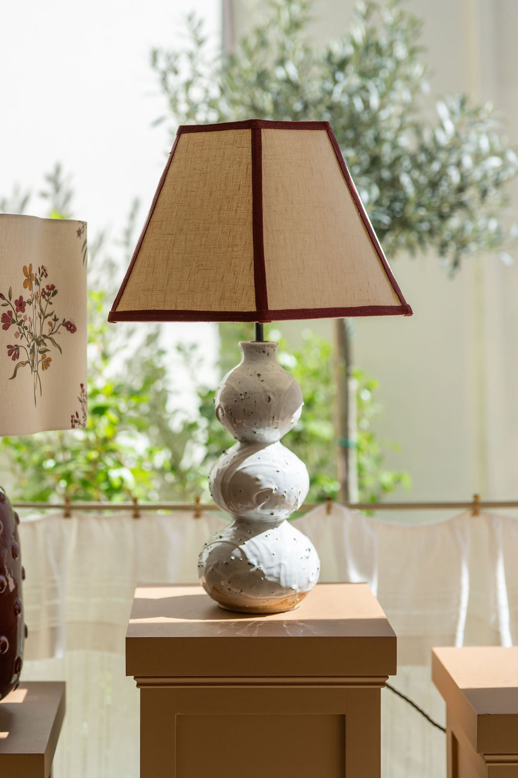 Available Now Hexagonal Lampshade in Oatmeal with Marsala Trim