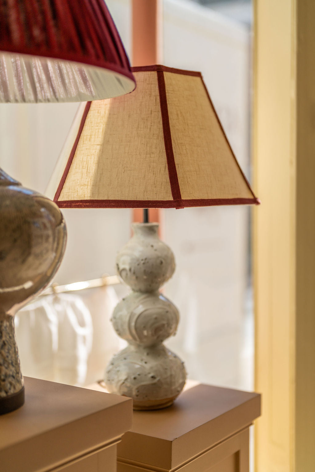 Available Now Hexagonal Lampshade in Oatmeal with Marsala Trim
